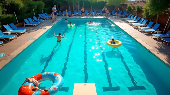 A lively swimming pool scene with diving board and people swimming and relaxing in clear blue water on a sunny day