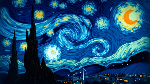 A swirling starry night sky with bright stars and deep blue hues inspired by Van Gogh’s iconic painting