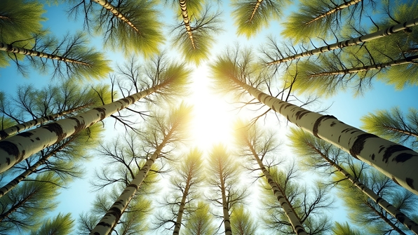 Low-angle view of tall birch trees with white bark and green leaves against a bright daytime sky