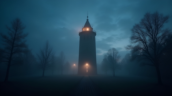 A tall black tower with glowing lights stands against a twilight sky surrounded by mist and sparse trees