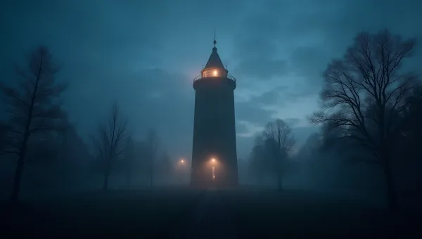 Tall Black Tower With Glowing Lights At Twilight
