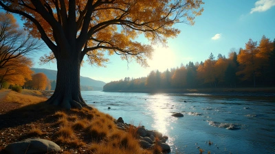 Tall Brown Tree Beside Flowing River Landscape