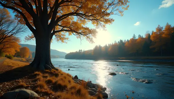 Tall Brown Tree Beside Flowing River Landscape
