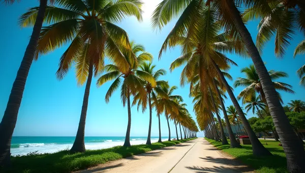 Tall Coconut Palm Trees Along Tropical Coastal Path