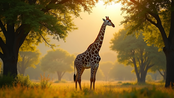 Tall Giraffe Amidst Lush Green Trees In Savannah