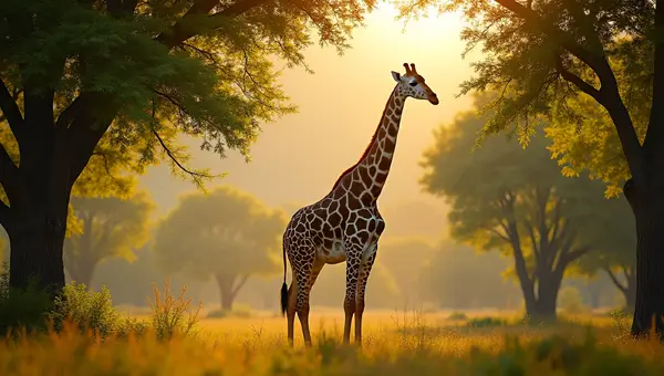 Tall Giraffe Amidst Lush Green Trees In Savannah