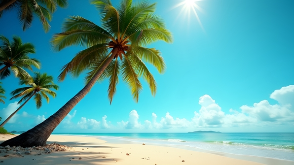 Tall green coconut tree with lush fronds against bright blue sky on a sunny tropical beach