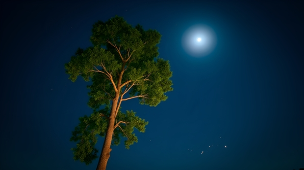 A tall green-leafed tree illuminated by soft moonlight under a deep blue night sky with twinkling stars