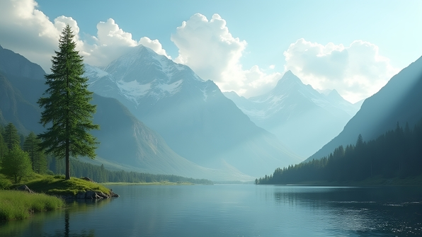 A tall green tree beside a calm river within a majestic mountain range under soft white clouds on a bright daytime sky