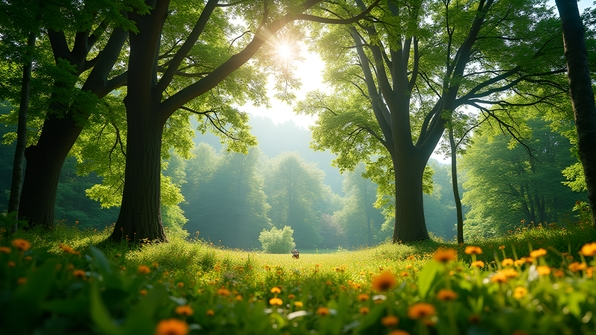 Low-angle shot capturing tall green trees with lush foliage against a bright sky