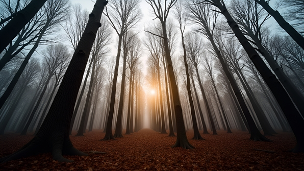 A group of tall leafless brown trees standing quietly in a calm natural forest under an overcast sky