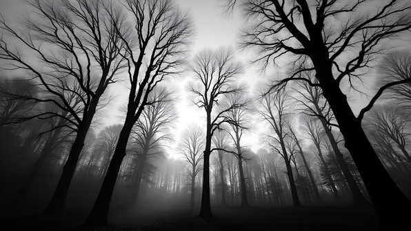 High-contrast grayscale image of tall leafless trees with intricate branches against a cloudy sky in a forest
