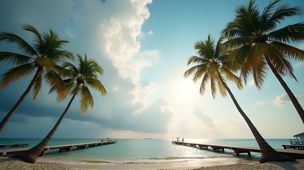 Tall palm trees by the sea with wooden docks under a sky filled with soft white clouds