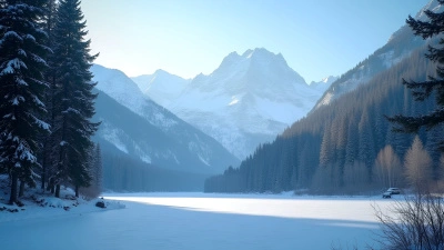 Tall Trees Along Frozen Lake With Alpine Mountains