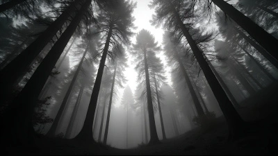 Tall Trees In Serene Forest With Mist