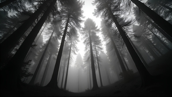 Black and white image of tall trees in a serene forest with soft light filtering through misty branches