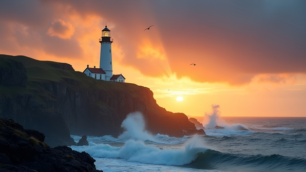 Tall white lighthouse standing on a rugged cliff overlooking a turbulent sea under a dramatic cloudy sky at sunset