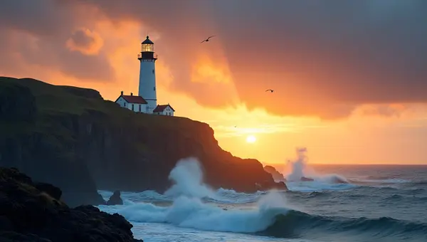 Tall White Lighthouse on Rugged Cliff at Sunset