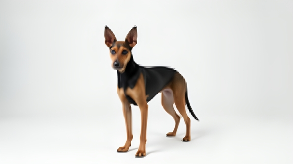 Tan and black dog standing alert against a clean white background
