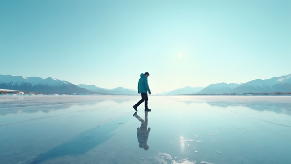 Individual in a teal jacket walking carefully across a reflective icy surface with snowy mountains in the background