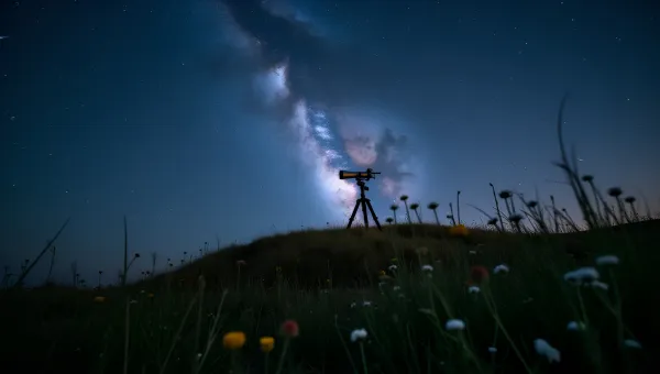 Telescope on Grassy Hill Under Milky Way