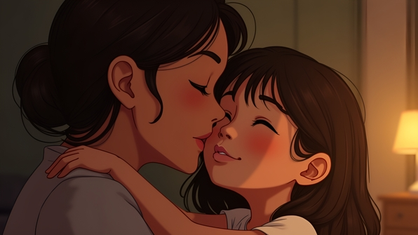 Illustration of a tender moment showing a woman hugging a young girl with eyes closed conveying warmth and love