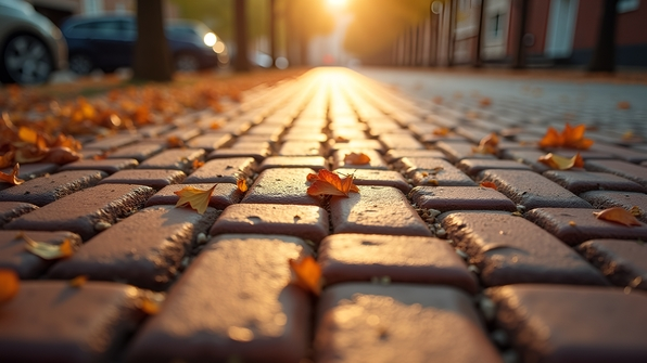 Close-up of textured brown brick pavement arranged in a neat, uniform pattern under soft natural lighting