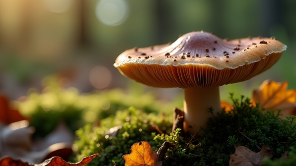 Close-up of textured brown mushroom cap with intricate gills on forest floor