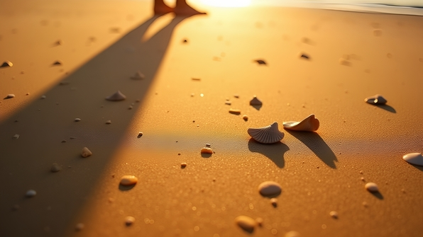 Close-up of textured brown sand with a distinct human shadow under warm sunlight