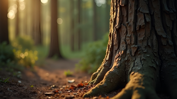 Close-up of a textured brown tree trunk with rough bark patterns in a soft, blurred forest background during natural daylight