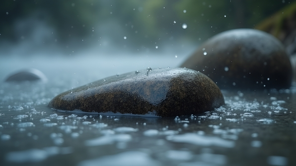 Close-up of a textured grey and brown rock partially submerged with misty water droplets creating a foggy serene atmosphere