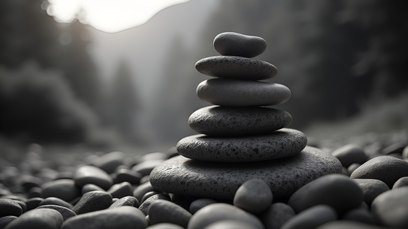 High-contrast grayscale photo of a textured pile of variously sized natural rocks stacked outdoors