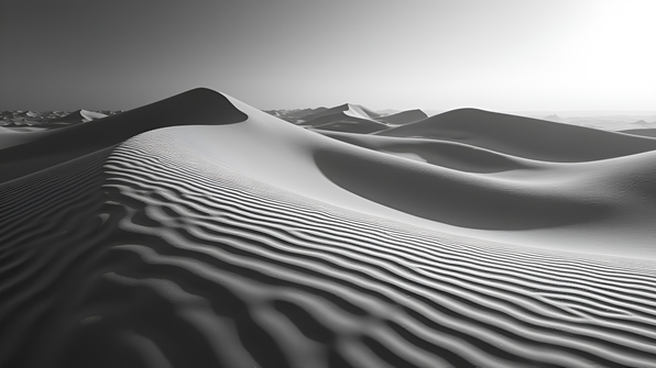 High-contrast grayscale photograph of textured sand dunes with intricate patterns and shadows under soft natural lighting
