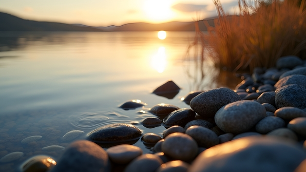 Close-up focus of textured stones along a serene lakeshore with gentle water reflections
