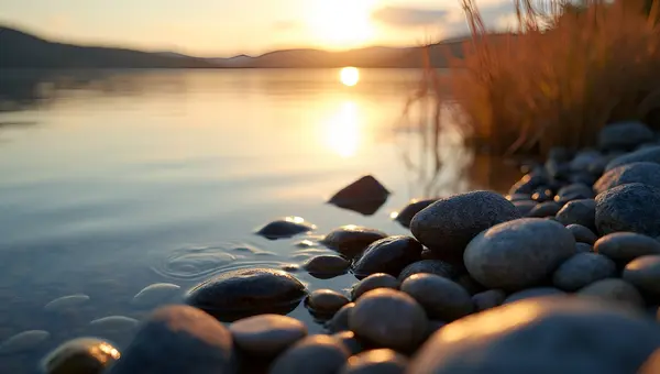 Textured Stones Along Serene Lakeshore With Reflections