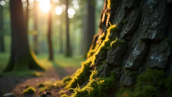 Textured Tree Trunk With Moss In Forest