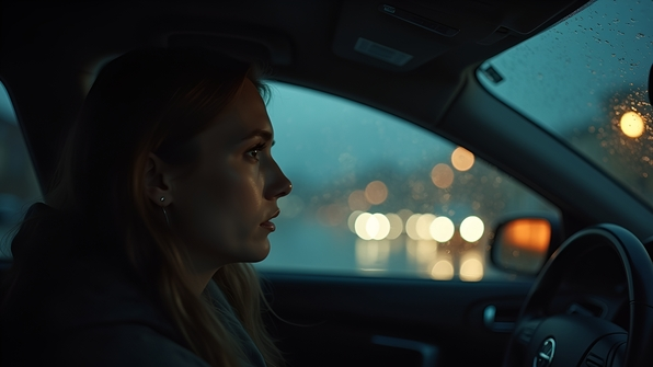 A thoughtful person gazing out car window on a rainy day