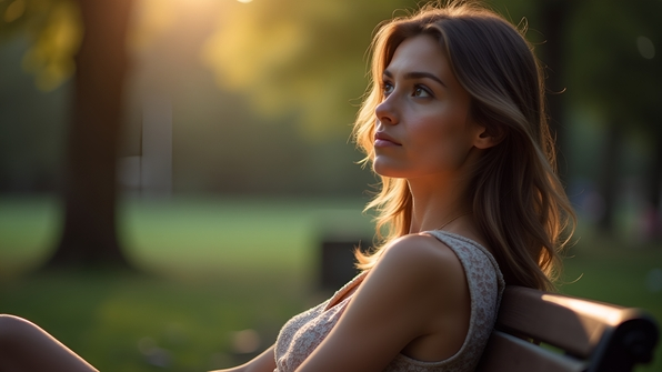 Thoughtful woman sitting on a bench outdoors with soft natural light highlighting her serene expression