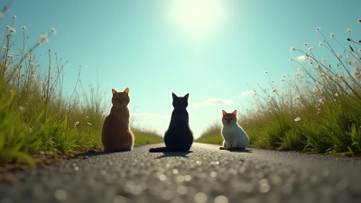 Three Cats Beside Quiet Rural Road