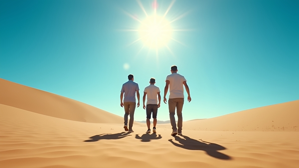 Three men walking across sandy desert landscape under a clear blue sky with bright sunlight