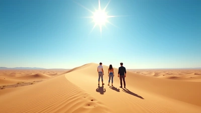 Three People Standing In Vast Sunlit Desert