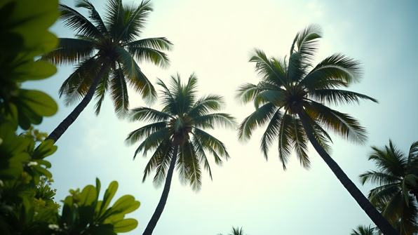 Three tall palm trees stand against a bright white sky with green fronds swaying in a tropical atmosphere