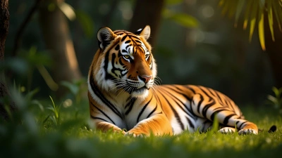 Tiger Resting Peacefully On Sunlit Grass In Jungle