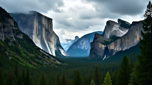 Dense forest surrounding towering gray rock cliffs under a cloudy sky