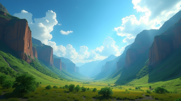 A vibrant landscape with towering green and brown cliffs under a clear blue sky with scattered white clouds