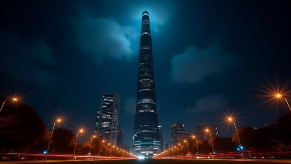 Towering High-Rise Building Illuminated At Night