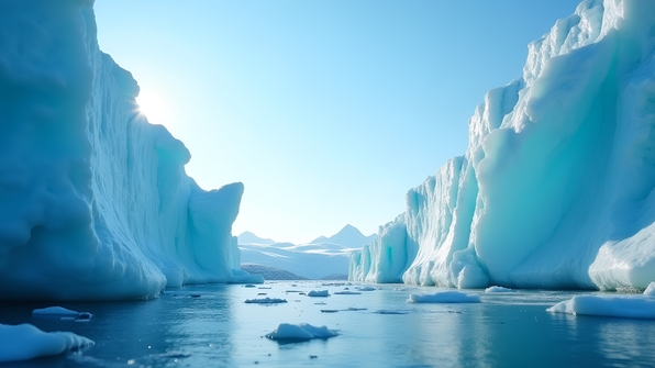 Close-up of towering ice glaciers with deep crevasses under a clear blue sky in a pristine polar landscape