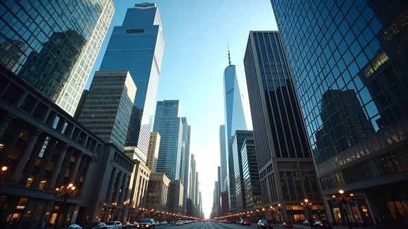 Low-angle view of towering modern city buildings with glass facades against a clear blue sky
