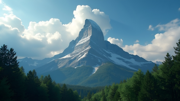 Towering Mountain Peak With Lush Green Forests