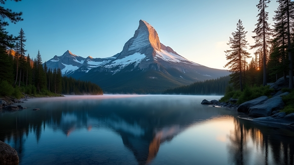 Towering mountain reflecting in a calm lake under a clear blue sky during golden hour